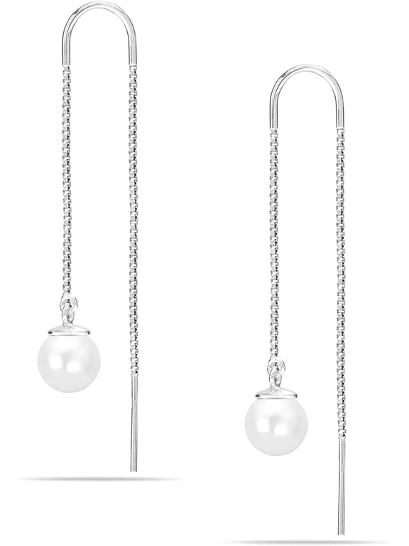 925 Sterling Silver Jewelry Light-Weight Pearl Drop Threader Earrings for Women and Teen 58MM