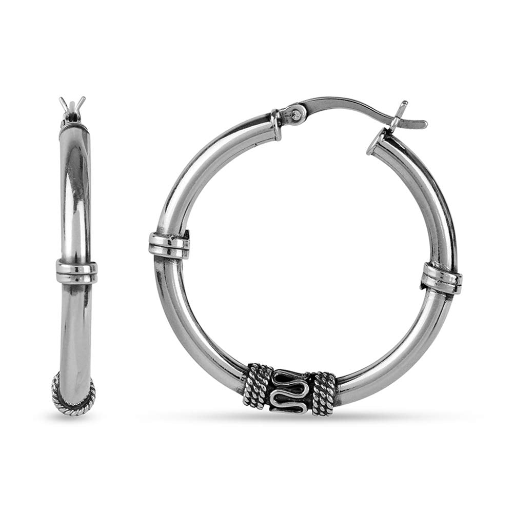 LeCalla 925 Sterling Silver Jewelry Oxidized Light-Weight Bali Hoop Click-Top Earrings for Women and Teen 22MM