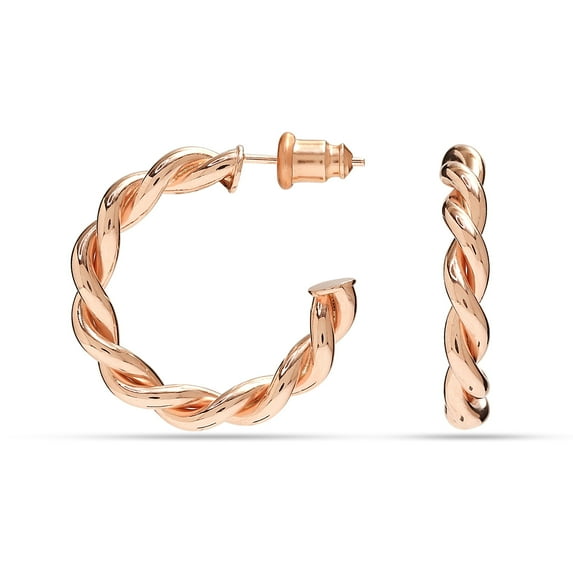 LeCalla 925 Sterling Silver Jewelry Rose-Gold Plated Rope Round Twisted Italian Hoop Earrings for Women and Teen 25MM