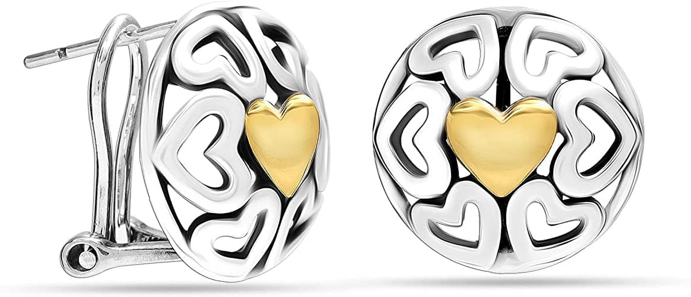LeCalla 925 Sterling Silver Jewelry Round Antique Dome Heart Two-Tone Omega-Clip Back Stud Earrings for Women and Teen 12MM