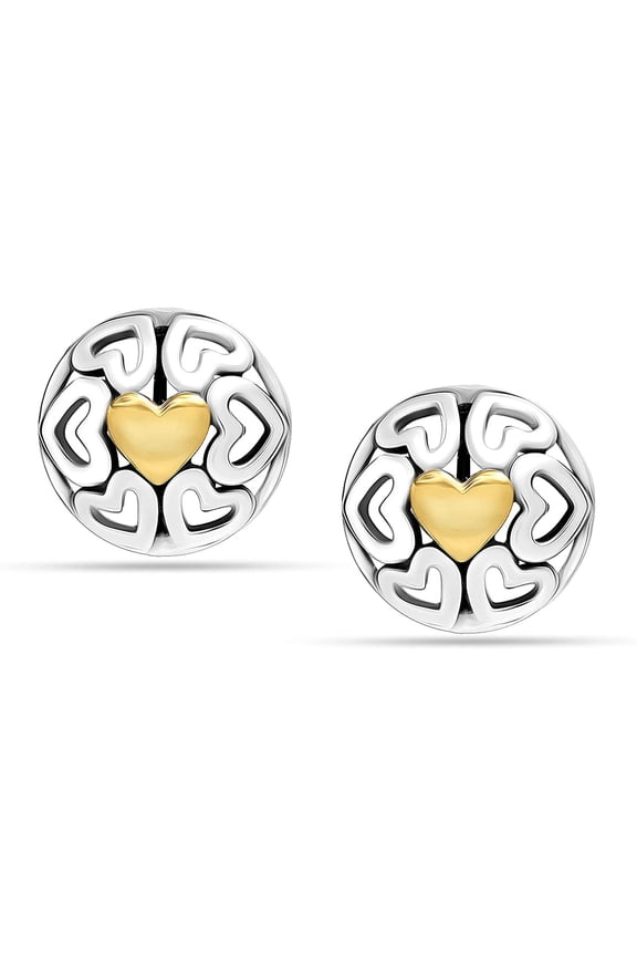 925 Sterling Silver Jewelry Round Antique Dome Heart Two-Tone Stud Earrings for Women and Teen 12MM