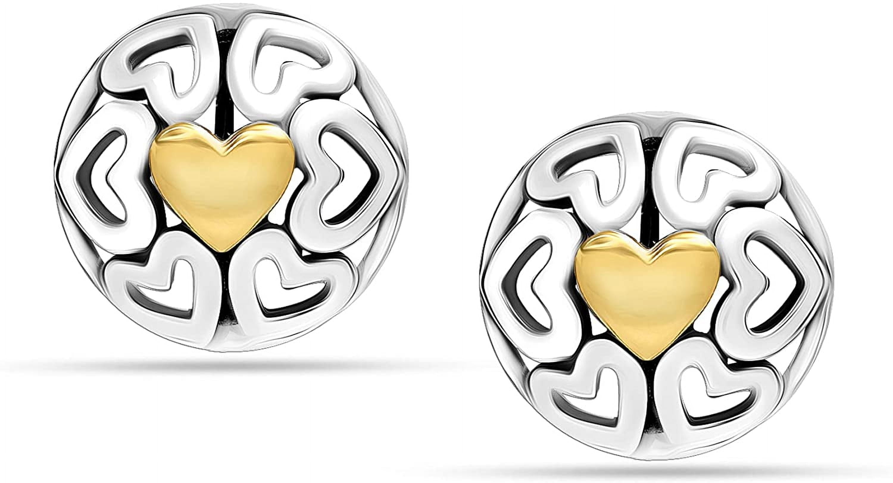 LeCalla 925 Sterling Silver Jewelry Round Antique Dome Heart Two-Tone Stud Earrings for Women and Teen 12MM