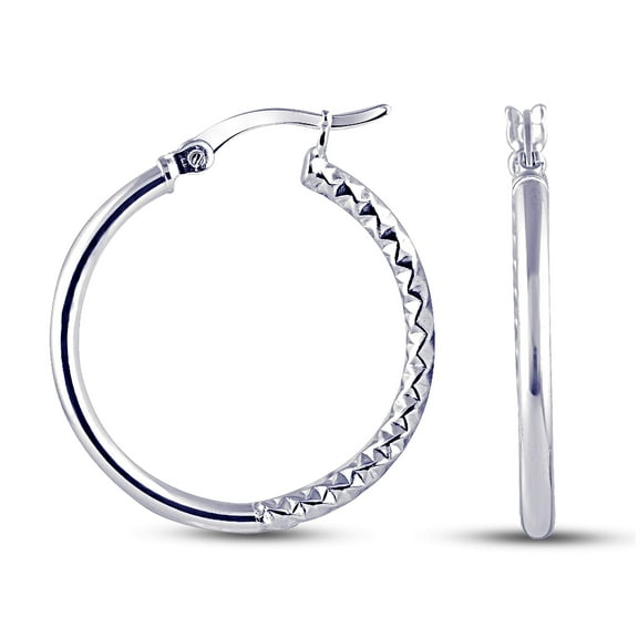 LeCalla 925 Sterling Silver Jewelry Round Shaped Textured Click Top Hoop Earring for Women and Teen 30MM