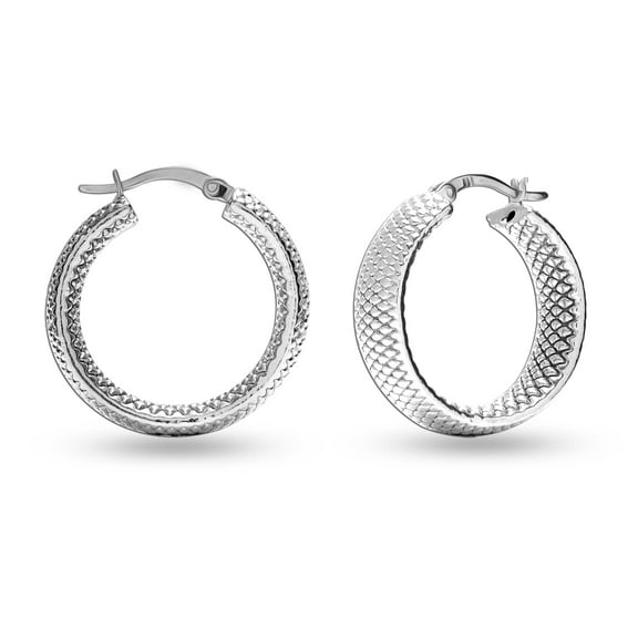 LeCalla 925 Sterling Silver Jewelry Textured Hoop Earrings for Women and Teen 26MM