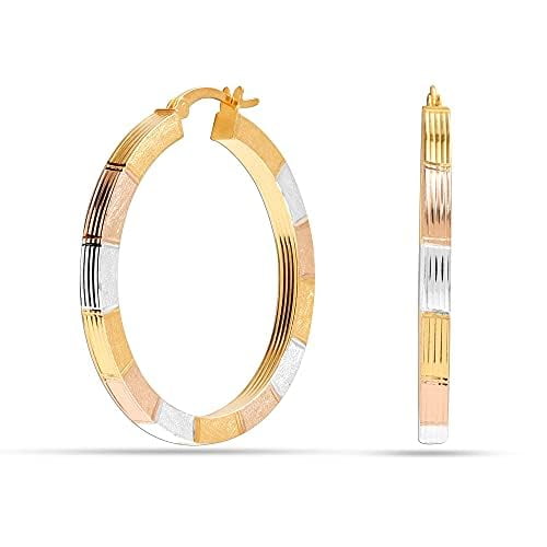 LeCalla 925 Sterling Silver Jewelry Three-Tone Diamond-Cut Light-Weight Round Hoop Earrings for Women and Teen 35MM