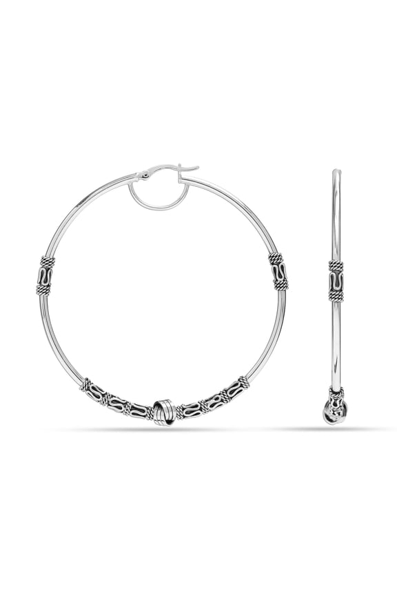 925 Sterling Silver LARGE Round Oxidized Balinese Click-Top Hoop Earrings for Women and Teen 60MM