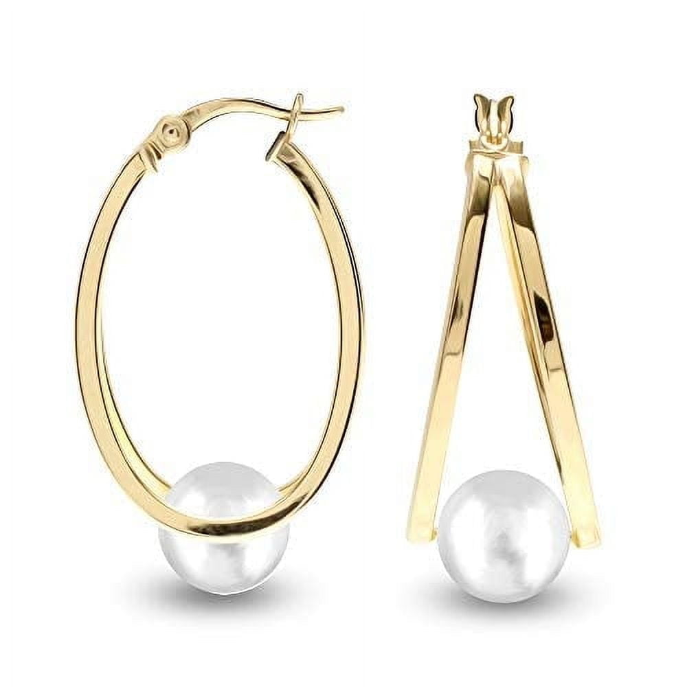 LeCalla 925 Sterling Silver Light Weight 14K Gold Plated Click Top Pearl Double Hoop Earrings Jewelry for Friends Women and Teen 29MM