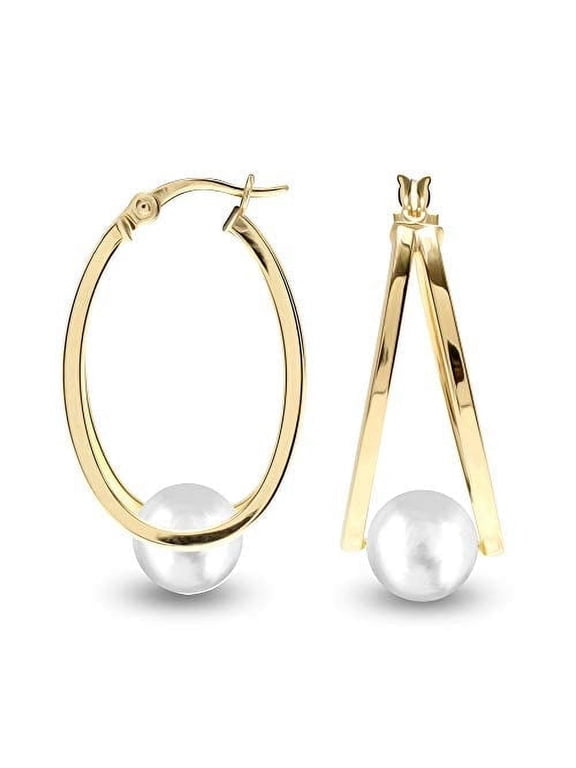 925 Sterling Silver Light Weight 14K Gold Plated Click Top Pearl Double Hoop Earrings Jewelry for Friends Women and Teen 29MM