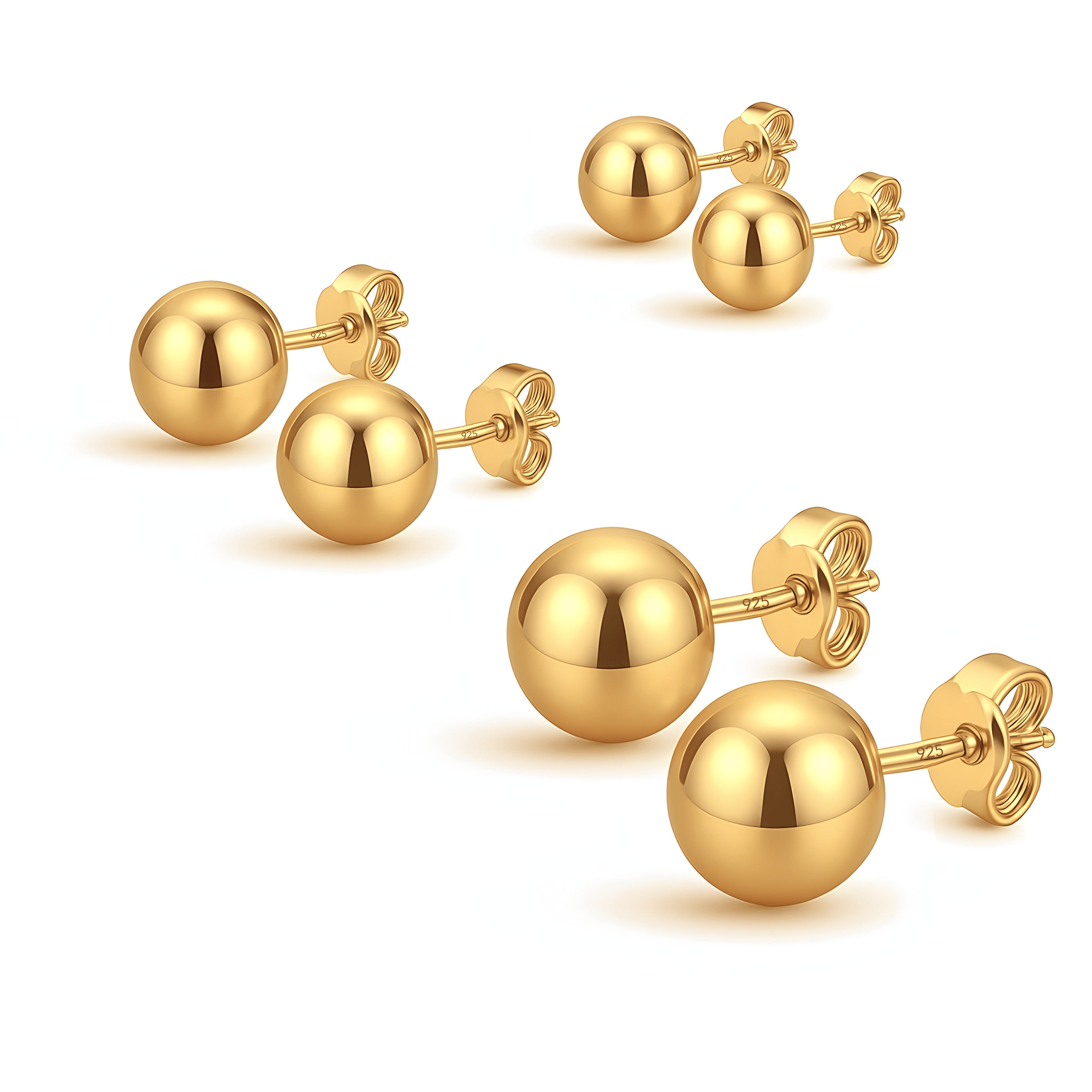 LeCalla 925 Sterling Silver Light-Weight 14K Micron Gold-Plated Classic Ball Post Stud Earrings for Women and Teen Set of 3 Pairs (3MM, 6MM, 8MM)