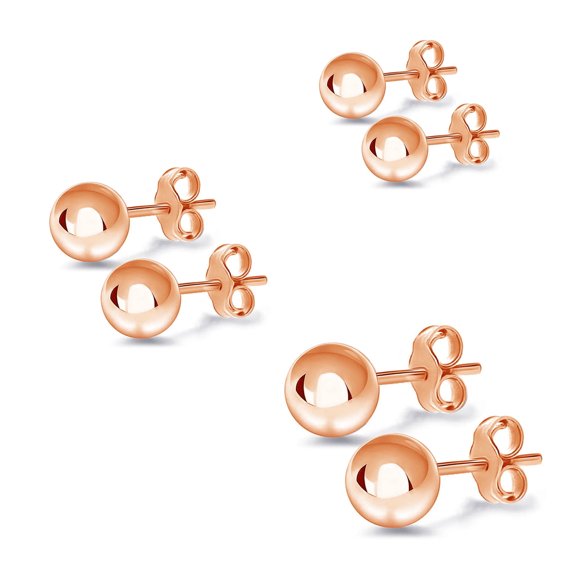 LeCalla 925 Sterling Silver Light-Weight 14K Micron Rose-Gold Plated Classic Ball Post Stud Earrings for Women and Teen Set of 3 Pairs (3MM, 6MM, 8MM)