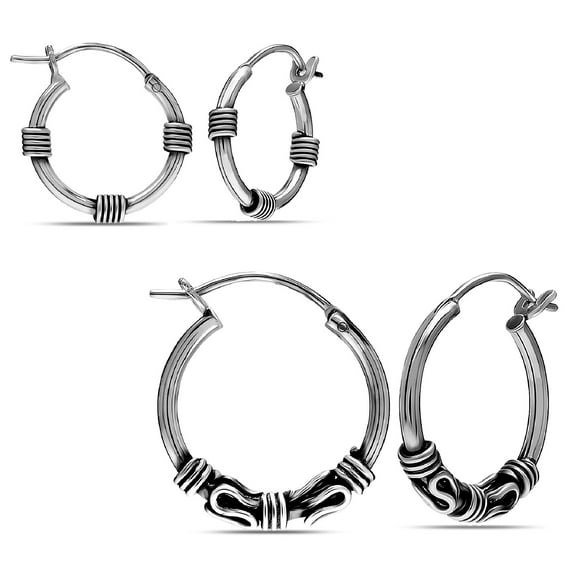 LeCalla Hypoallergenic Balinese Antique Sterling Silver Hoop Earrings, Small Set of 2 Pairs (14mm, 16mm)