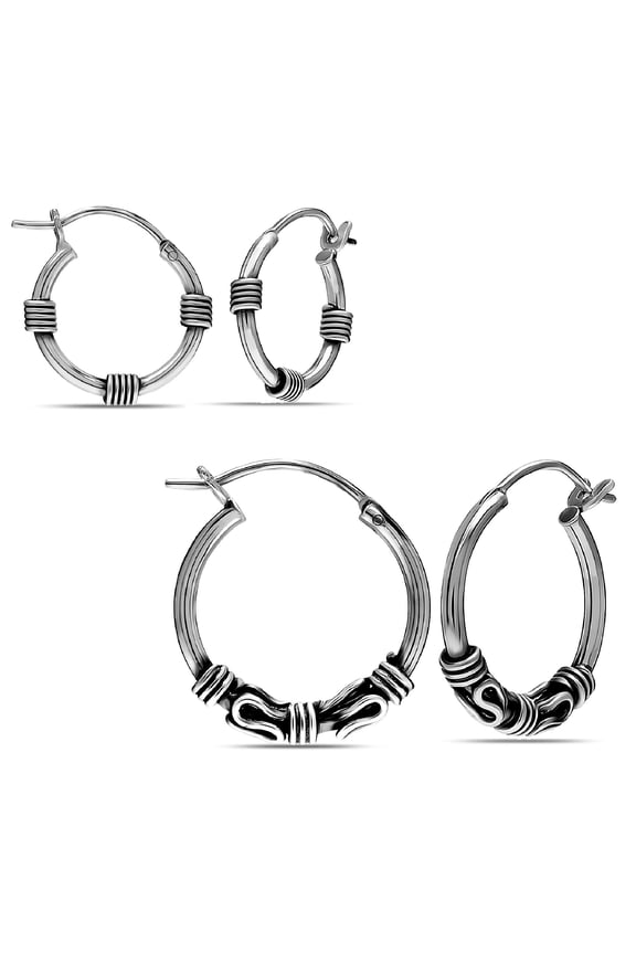 Hypoallergenic Balinese Antique Sterling Silver Hoop Earrings, Small Set of 2 Pairs (14mm, 16mm)