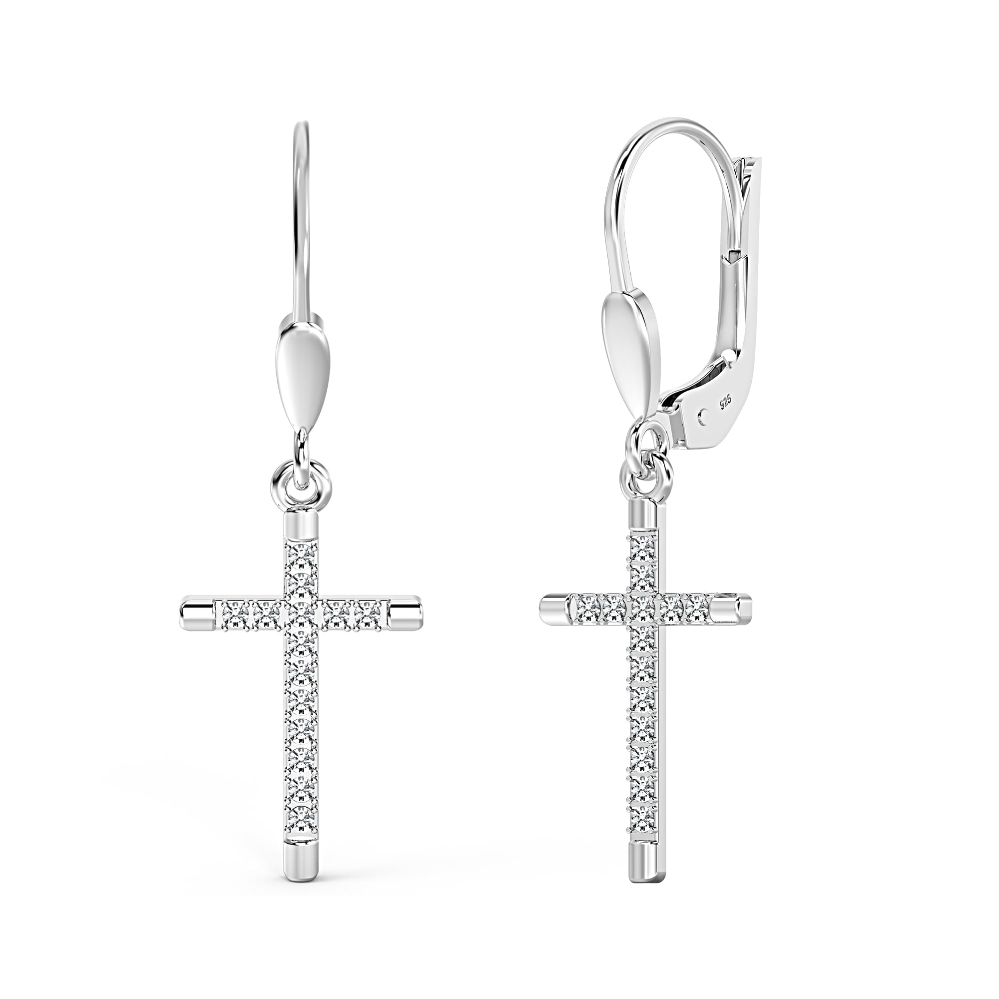 LeCalla Sterling Silver CZ Cross Micro Pave Leverback Drop Dangle Earrings, 33mm (Women's)