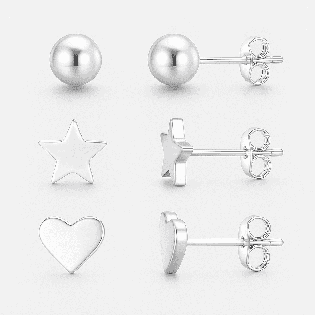 LeCalla 925 Sterling Silver Light-Weight Classic Small Ball, Star and Heart Post Stud Earrings for Women and Teen Set of 3 Pairs 5MM