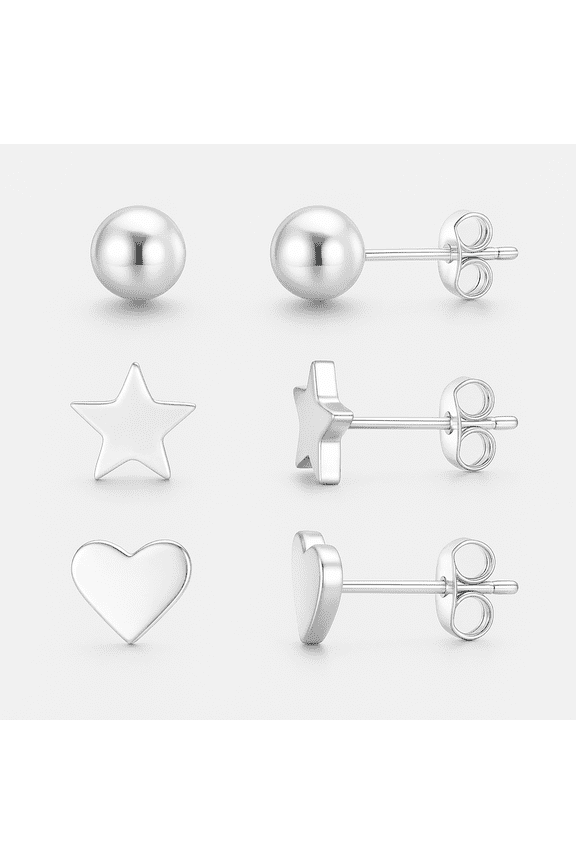 925 Sterling Silver Light-Weight Classic Small Ball, Star and Heart Post Stud Earrings for Women and Teen Set of 3 Pairs 5MM
