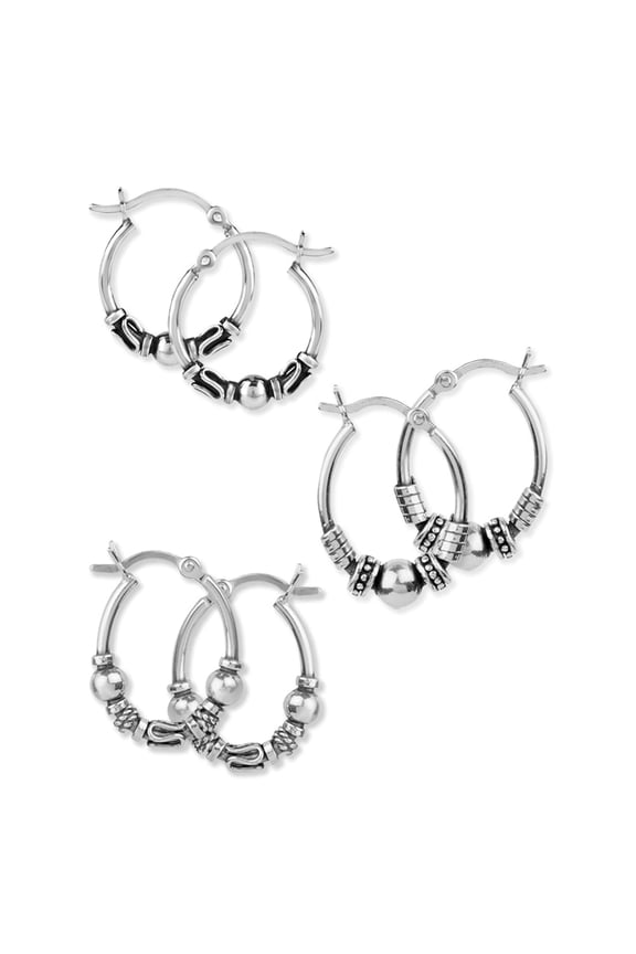 925 Sterling Silver Hypoallergenic Balinese Hoop Earrings Set for Women and Teen, 3 Pairs (17MM, 20MM)