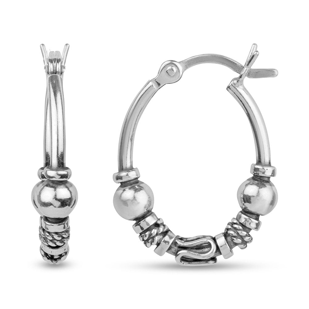 LeCalla 925 Sterling Silver Light-Weight Click-Top Oxidized Tribal Bali Hoop Earrings for Women and Teen 20MM