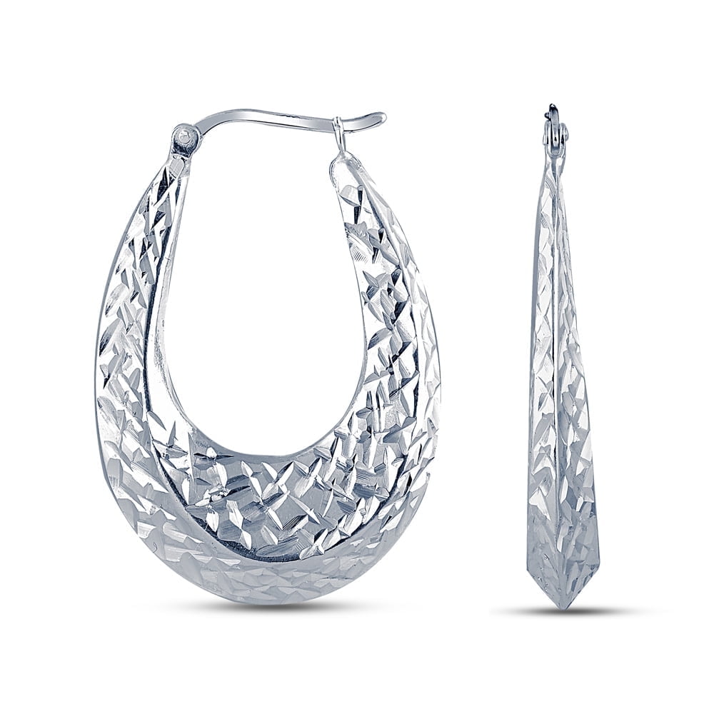 LeCalla 925 Sterling Silver Light-Weight Diamond Cut Hypoallergenic Click Top Oval Hoop Earrings for Women and Teen 35MM