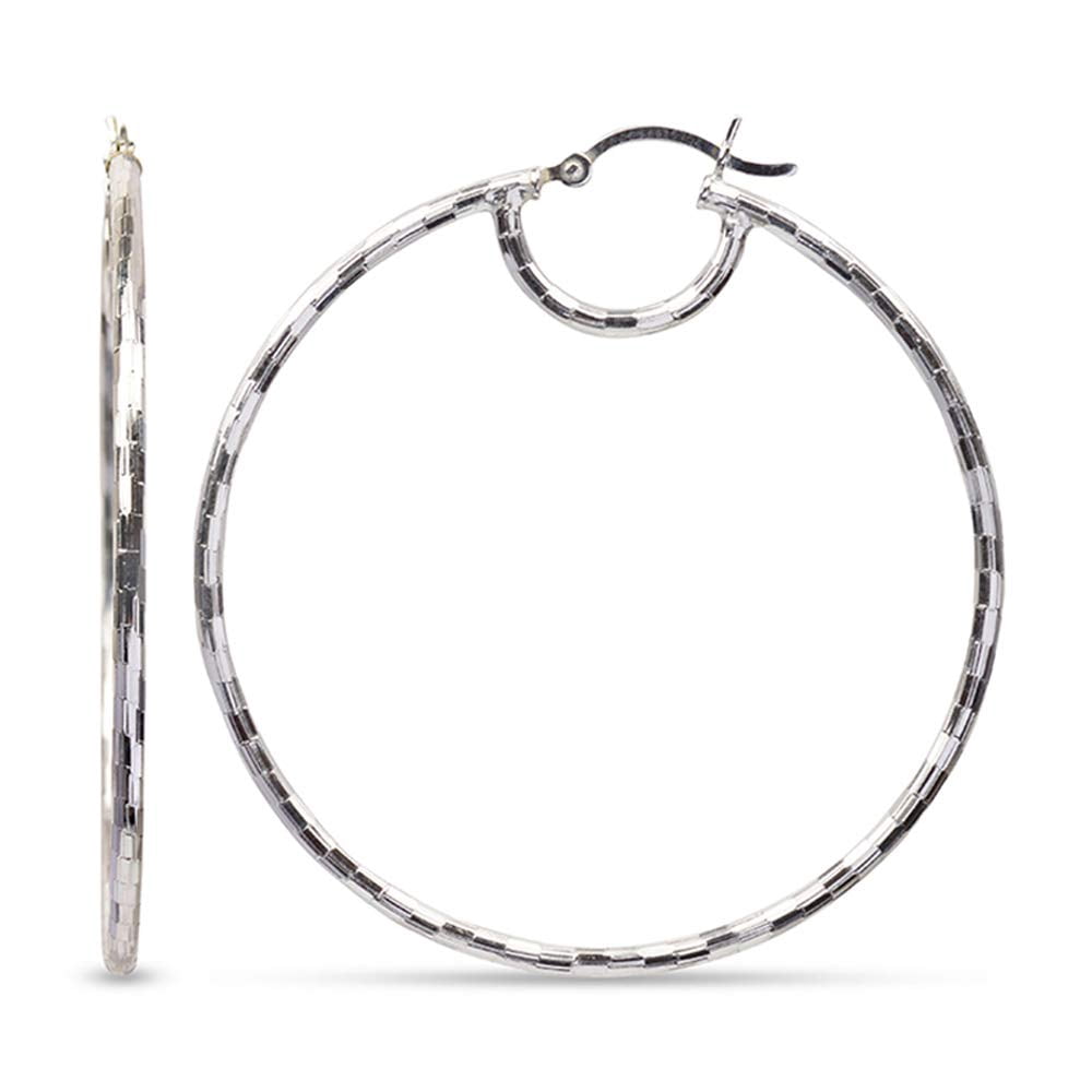 LeCalla 925 Sterling Silver Light-Weight Diamond-Cut Italian Design Click Top Big Hoop Earrings for Women and Teen 50MM