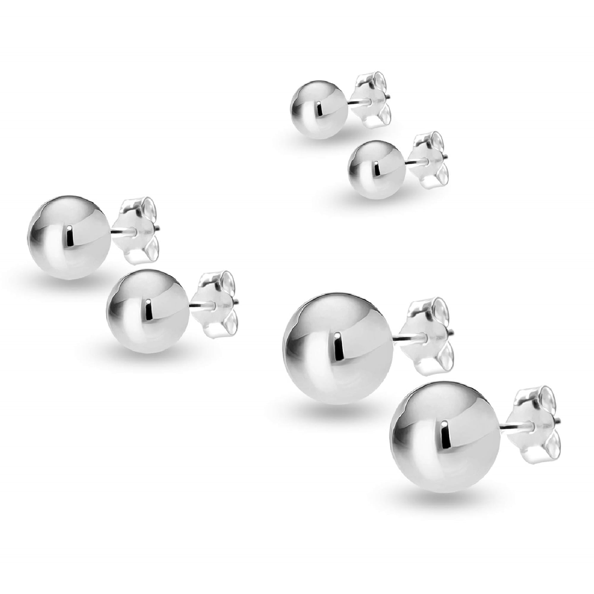 LeCalla Sterling Silver Ball Post Stud Earrings Set of 3 Pairs (3MM, 6MM, 8MM) for Women and Teens