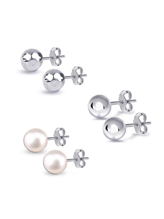925 Sterling Silver Light-Weight Hypoallergenic Classic, Hammered and Pearl Ball Stud Earrings for Women and Teen Set of 3 Pairs (8MM, 8MM, 8MM)