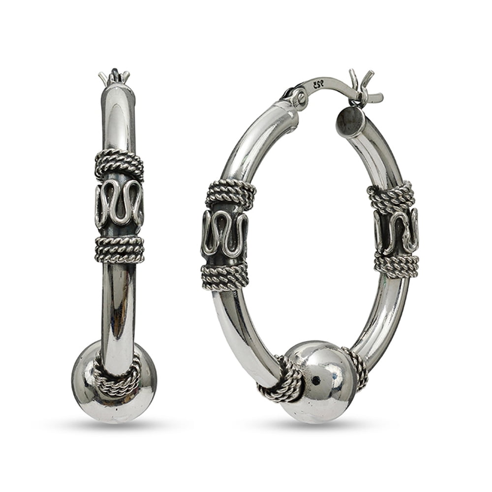 LeCalla 925 Sterling Silver Light-Weight Oxidized Small Balinese Click Top Hoop Earrings Jewelry for Women and Teen 22MM