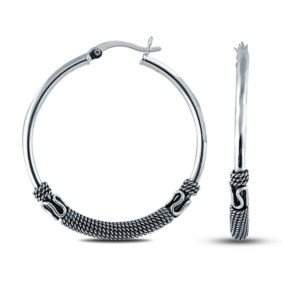 LeCalla 925 Sterling Silver Light-Weight Oxidized Small Balinese Click Top Hoop Earrings for Women and Teen 30MM