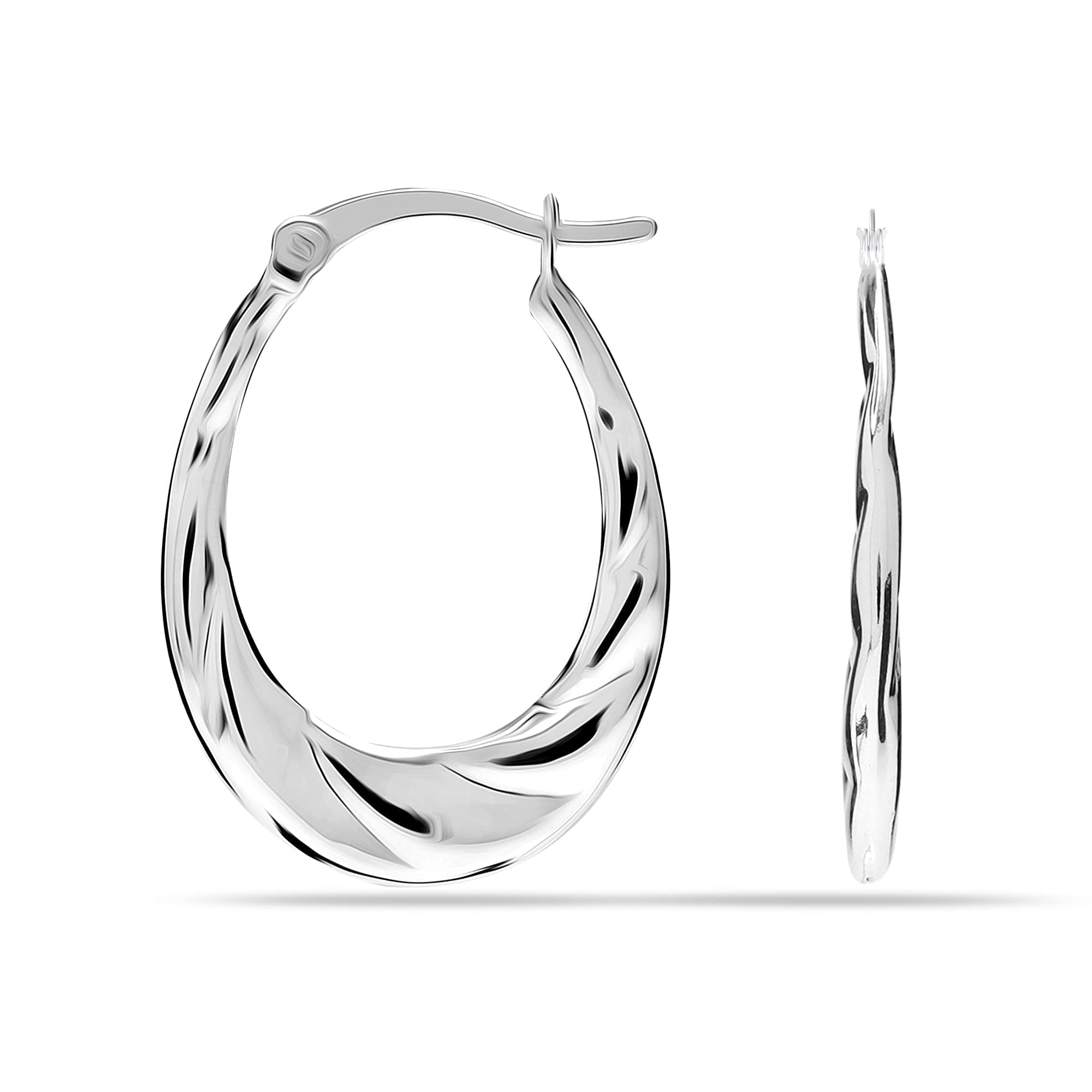 LeCalla Italian Diamond-cut Hypoallergenic 925 Sterling Silver Oval Shrimp Hoop Earrings, 25MM