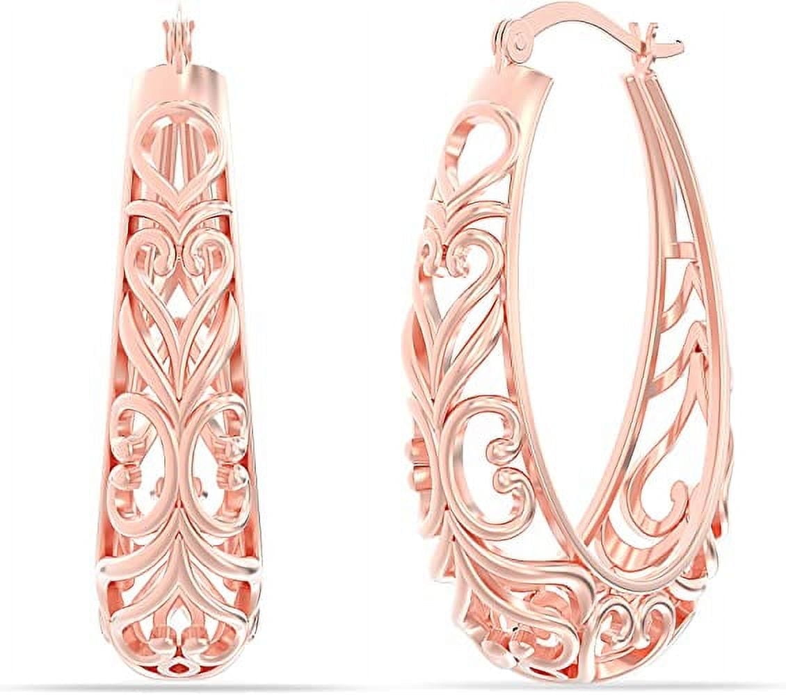 LeCalla 925 Sterling Silver Light-Weight Rose-Gold Plated Click Top Oval Filigree Hoop Earrings Jewelry Gifts for Women 32MM