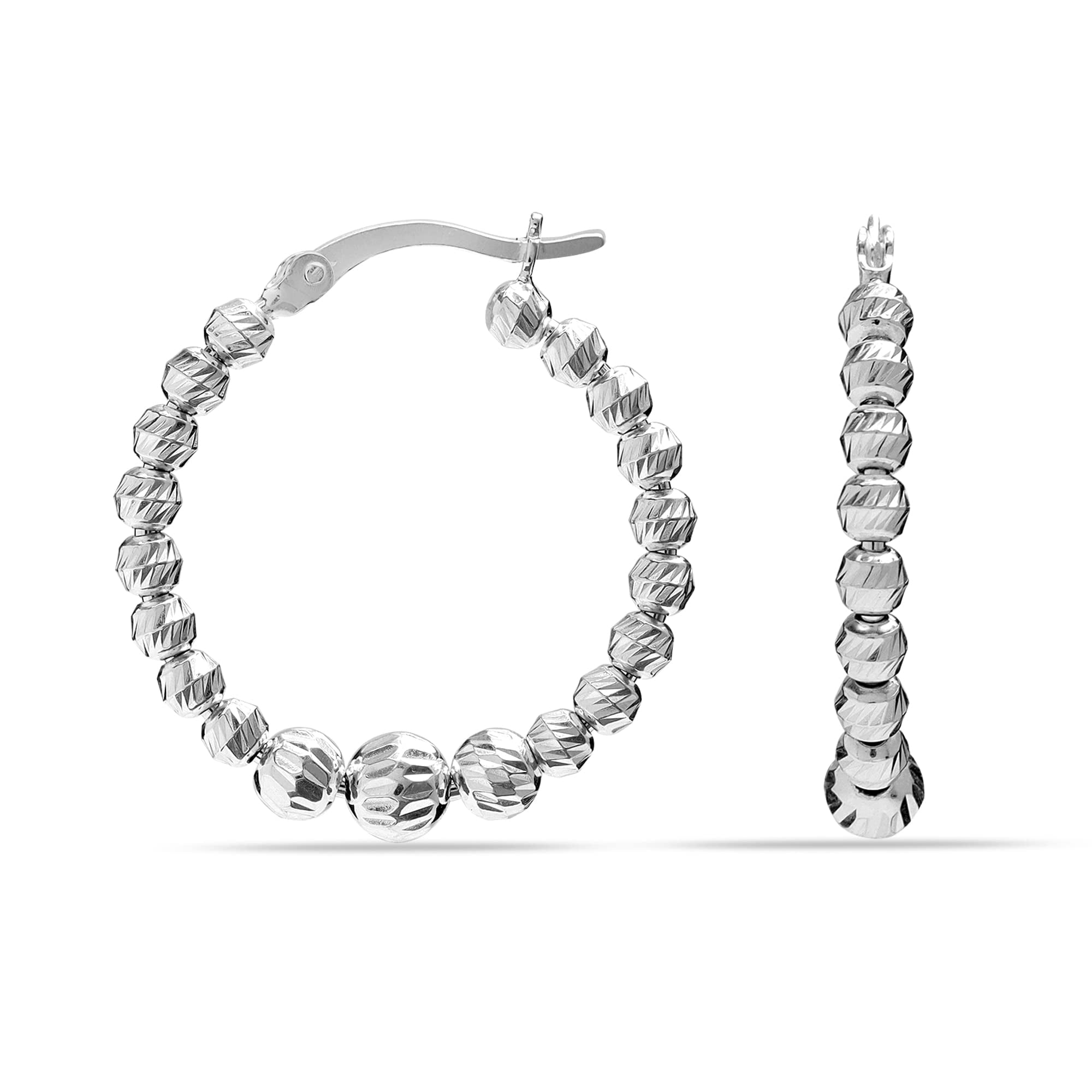 LeCalla 925 Sterling Silver Light-Weight Round Diamond-Cut Earring Hoops Jewelry Click-Top Bead Ball Diamond Cut Hoop Earrings for Women 25MM