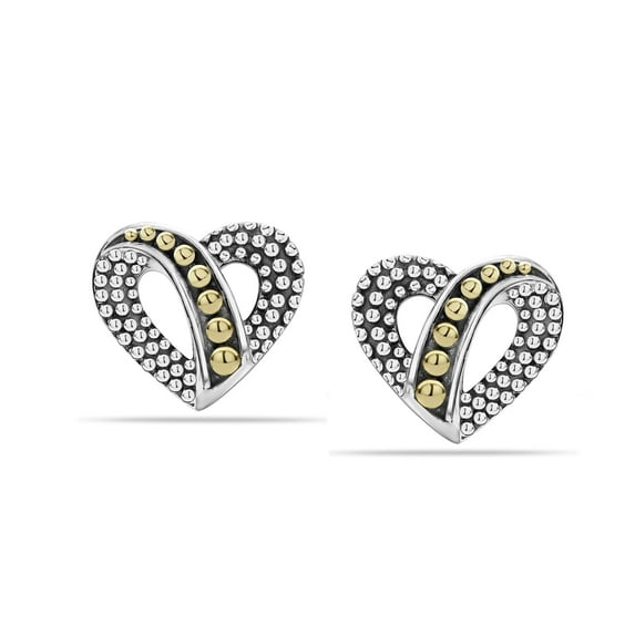 LeCalla 925 Sterling Silver Light-Weight Two-Tone Caviar Beaded Heart Stud Earrings for Women and Teen 11MM