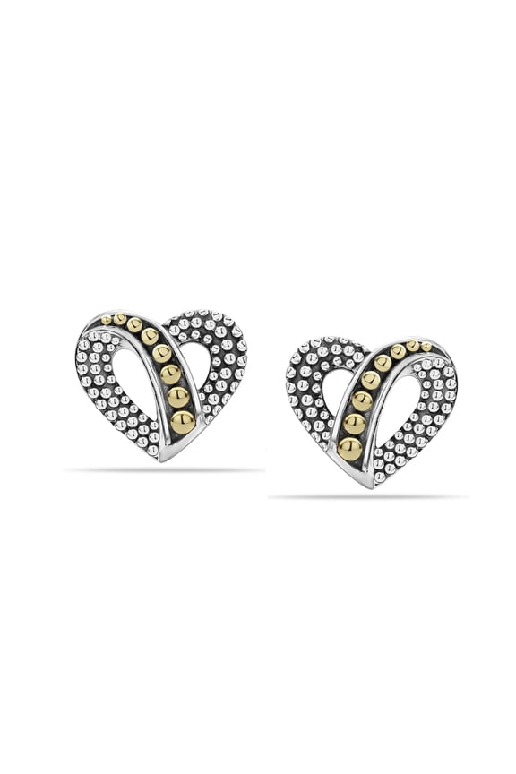 925 Sterling Silver Light-Weight Two-Tone Caviar Beaded Heart Stud Earrings for Women and Teen 11MM