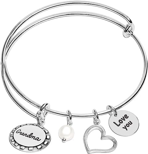 LeCalla 925 Sterling Silver Love You with Grandma Expandable Wire Multi-Charm Bangle Bracelet for Women