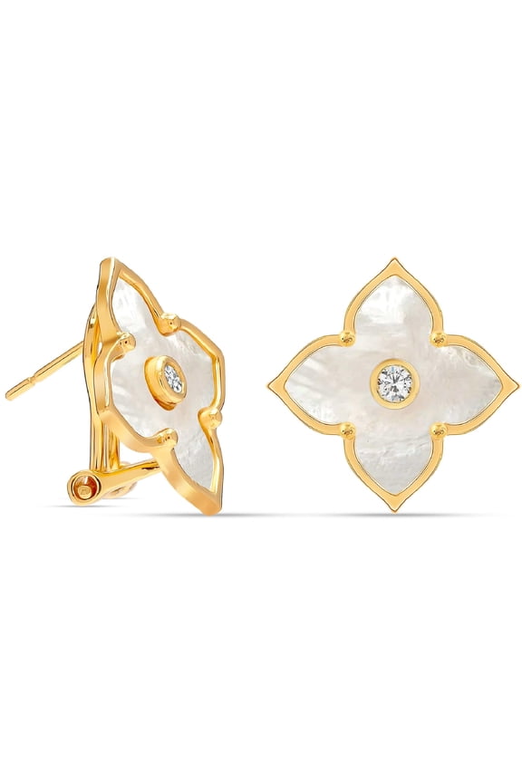 925 Sterling Silver MOP Omega Back Clip-On Earring 14K Gold Plated CZ Mother of Pearl Minimalist Malachite Flower Large Stud Earrings for Women - 20MM