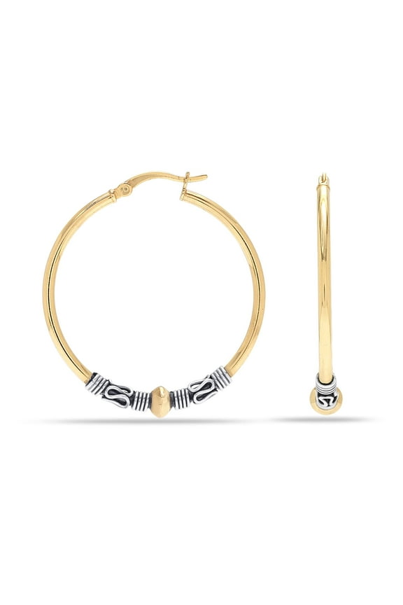 925 Sterling Silver Medium Large Two-Tone Beaded Bohemian Bali Tribal Click-Top Hoop Earrings for Women and Teen 35MM