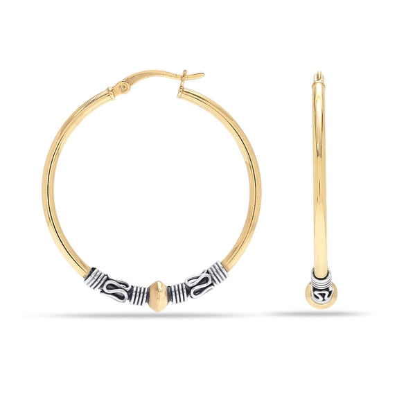 LeCalla 925 Sterling Silver Medium Large Two-Tone Beaded Bohemian Bali Tribal Click-Top Hoop Earrings for Women and Teen 35MM