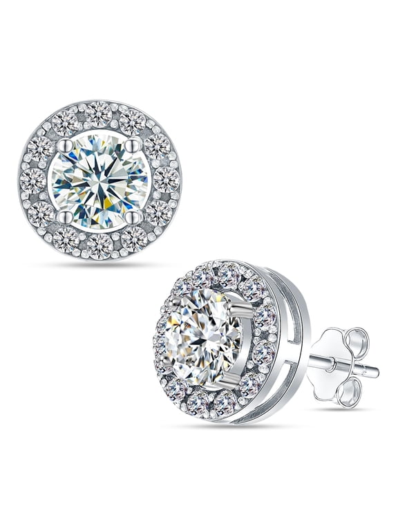 925 Sterling Silver Moissanite Stud Earrings for Women, Double Halo, 10mm