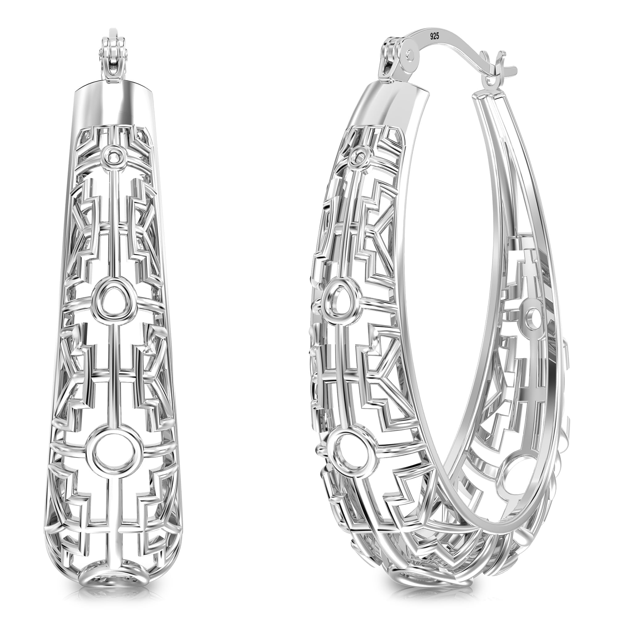 LeCalla 925 Sterling Silver Hoop Earrings for Women Mesh Filigree Oval Hoops Click-Top Earrings 30MM