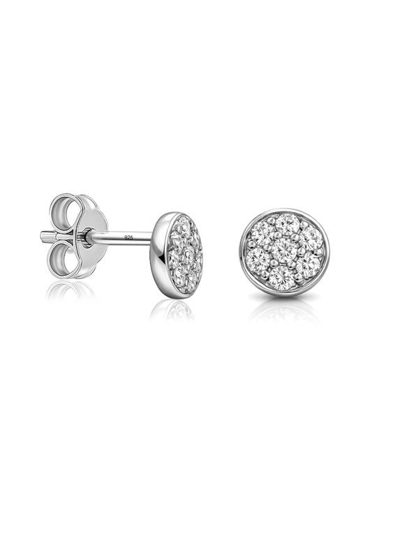 925 Sterling Silver Pave CZ Mini Disc Stud Earrings for Women, 4mm