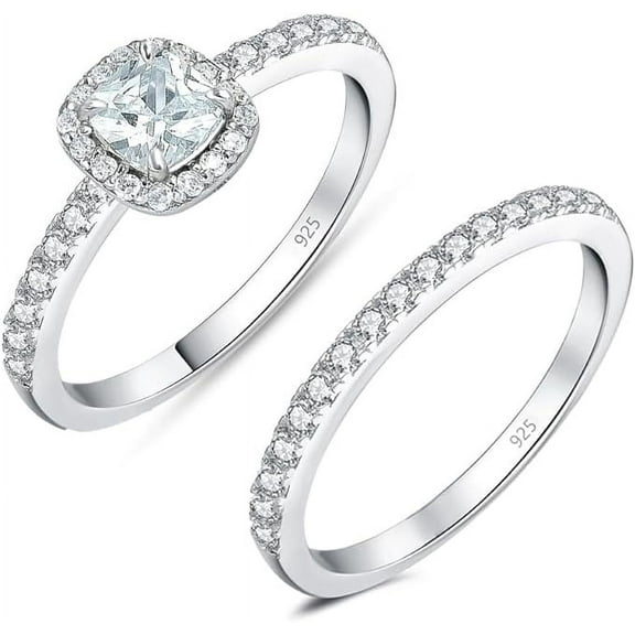 LeCalla 925 Sterling Silver Rhodium Plated Bridal Rings Sets Cubic Zirconia Halo CZ Engagements Rings Wedding Bands for Women Promise Rings for her (Size - 5)