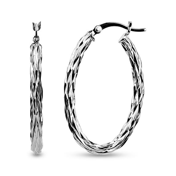 LeCalla 925 Sterling Silver Rhodium-Plated Oval Texture Hoop Earrings Jewelry Gifts for Women and Teen 35MM