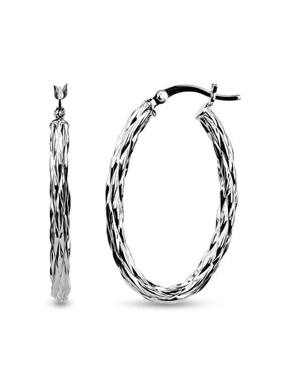 925 Sterling Silver Rhodium-Plated Oval Texture Hoop Earrings Jewelry Gifts for Women and Teen 35MM