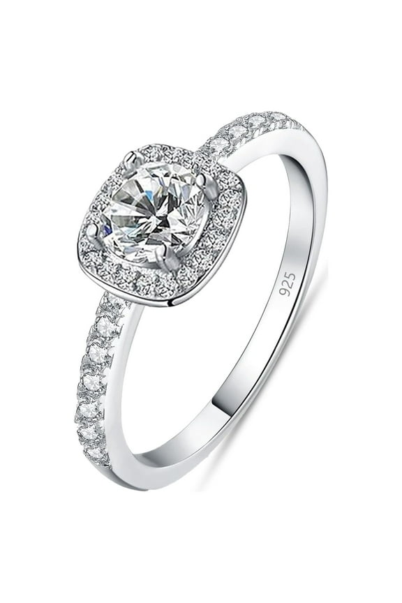 925 Sterling Silver Rhodium Plated Rings Cushion Cut Cubic Zirconia CZ Engagement Rings Wedding Bands for Women Promise Rings for Her (Size - 6)