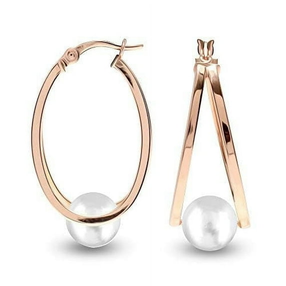 LeCalla 925 Sterling Silver Rose Gold Plated Click Top Pearl Double Hoop Earrings Jewelry Gifts for Teen and Women 29MM