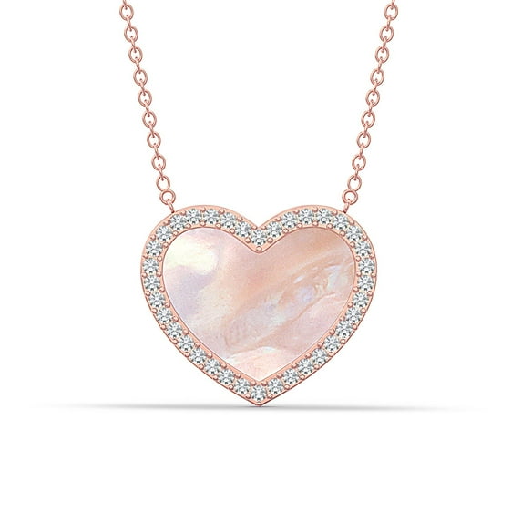 LeCalla 925 Sterling Silver Rose-Gold Plated Mother of Pearl CZ Pave Heart Pendant Necklace for Women and Teen 18" Inch