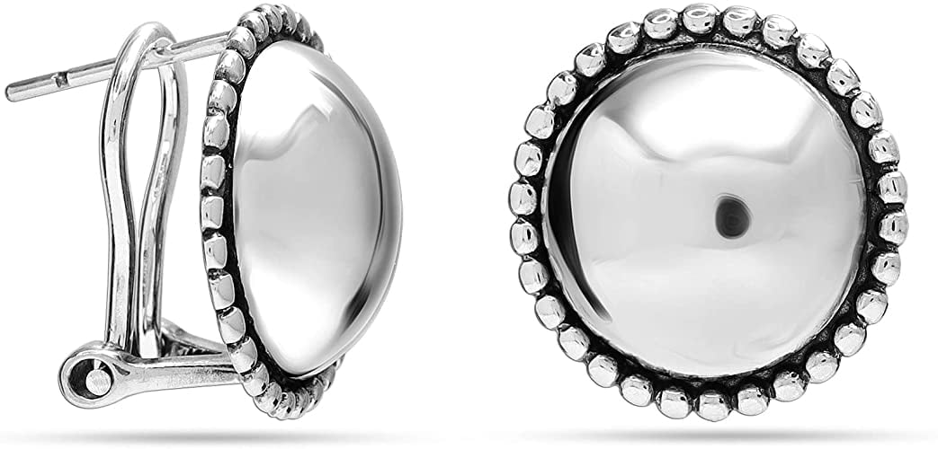 LeCalla 925 Sterling Silver Round Antique Dome Omega Back Stud Earrings Jewelry Gifts for Women and Teen 15MM