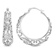 LECALLA Elegant Hypoallergenic 925 Sterling Silver Round Filigree Hoop Earrings for Women, 27MM
