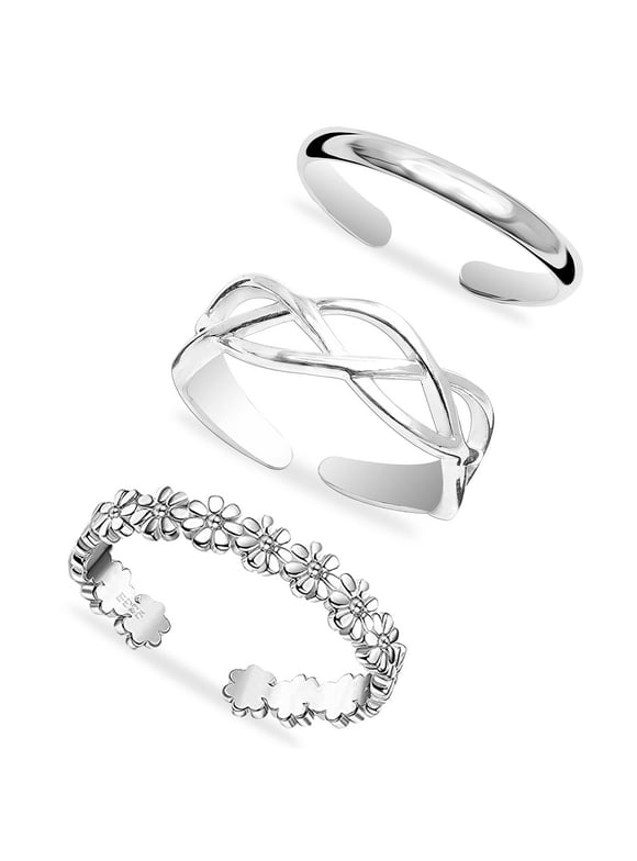 LeCalla 925 Sterling Silver SET of 3 Pcs Hypoallergenic Plain Cutwork Hawaiian Leaf Open Adjustable Band Toe Rings for Women - Mothers Day Gifts