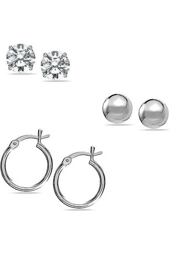 925 Sterling Silver Set of 3 Pairs Light-Weight SMALL Click-Top Hoop Earrings Italian Design Cubic Zirconia Simulated Pearl Stud Earrings Gifts for Women and Teen (5MM, 5MM, 15MM)
