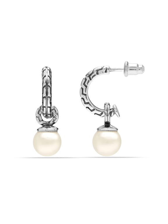 925 Sterling Silver Simulated Pearl Drop J Hoop Earrings for Women and Teen 15MM